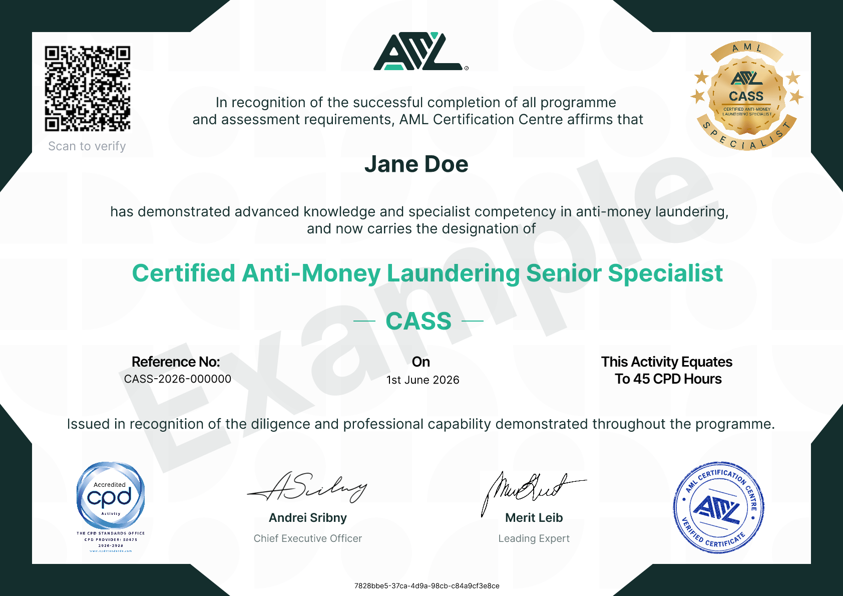 Sample CASS certificate for Jane Doe, showing the programme, CPD allocation and verification reference